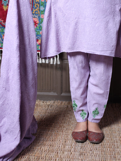 Lavender Zari & Aari Embroidered Kashmiri Crush Cotton Co-ordset With Dupatta