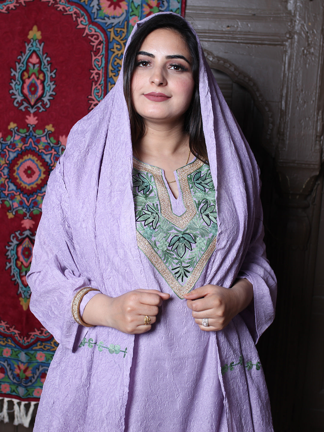 Lavender Zari & Aari Embroidered Kashmiri Crush Cotton Co-ordset With Dupatta