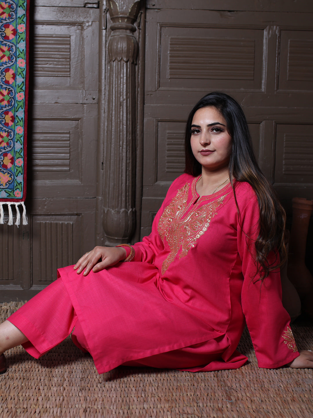 Hot Pink Tilla Embroidered Kashmiri Cotton Co-Ord Set