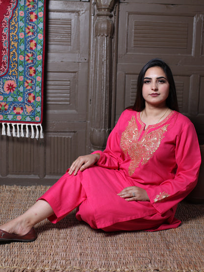 Hot Pink Tilla Embroidered Kashmiri Cotton Co-Ord Set