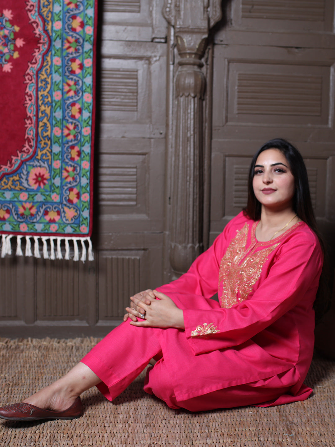 Hot Pink Tilla Embroidered Kashmiri Cotton Co-Ord Set