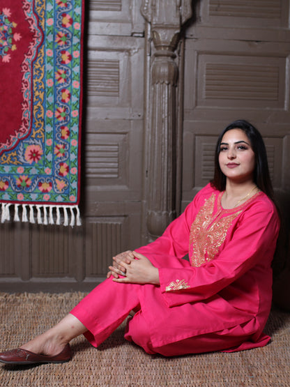Hot Pink Tilla Embroidered Kashmiri Cotton Co-Ord Set