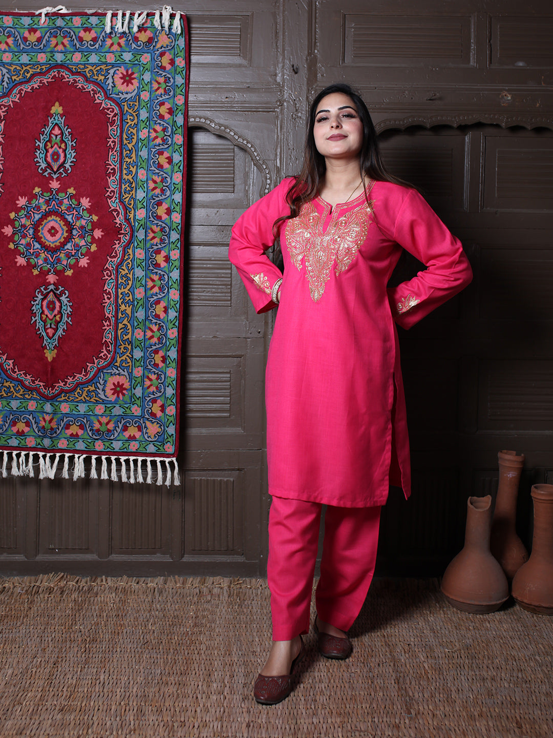 Hot Pink Tilla Embroidered Kashmiri Cotton Co-Ord Set