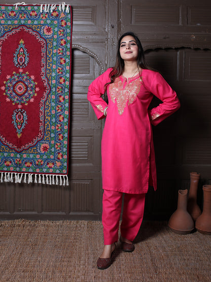 Hot Pink Tilla Embroidered Kashmiri Cotton Co-Ord Set