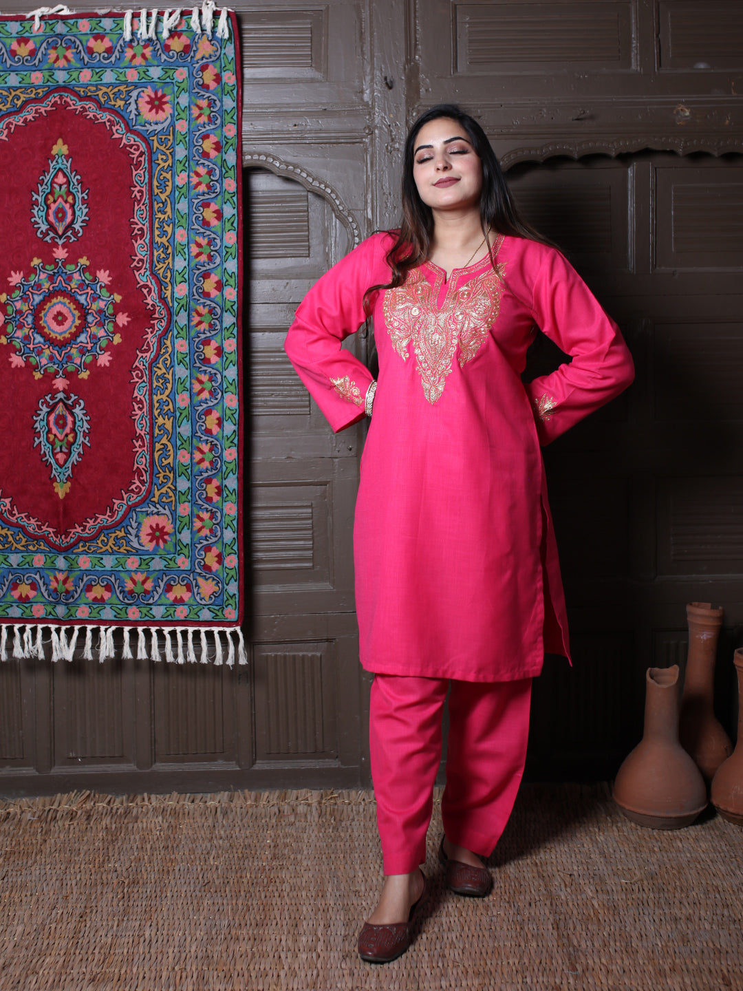 Hot Pink Tilla Embroidered Kashmiri Cotton Co-Ord Set