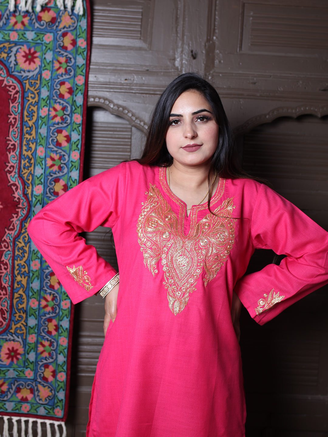 Hot Pink Tilla Embroidered Kashmiri Cotton Co-Ord Set