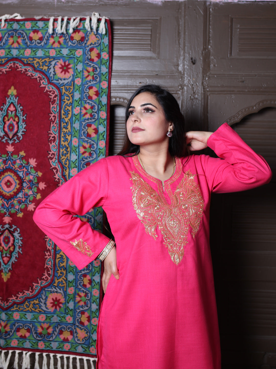 Hot Pink Tilla Embroidered Kashmiri Cotton Co-Ord Set
