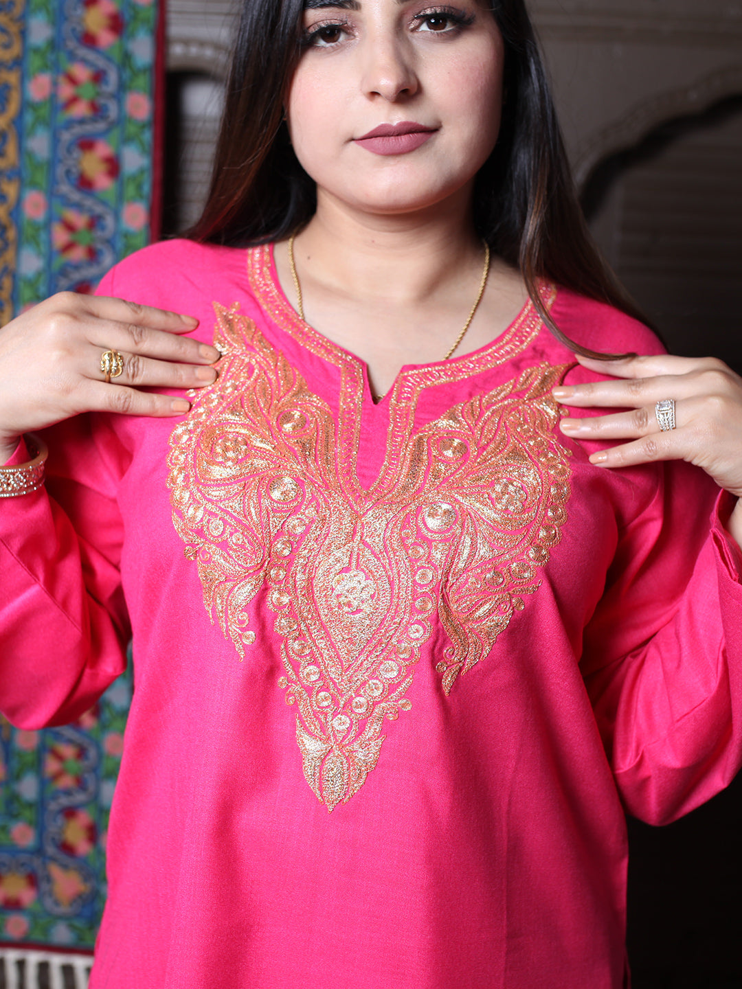 Hot Pink Tilla Embroidered Kashmiri Cotton Co-Ord Set