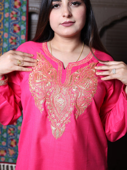 Hot Pink Tilla Embroidered Kashmiri Cotton Co-Ord Set