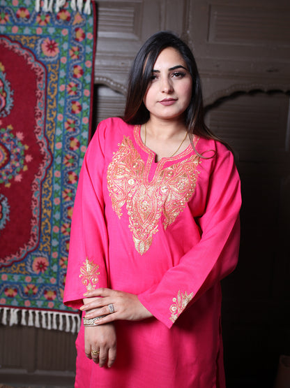 Hot Pink Tilla Embroidered Kashmiri Cotton Co-Ord Set