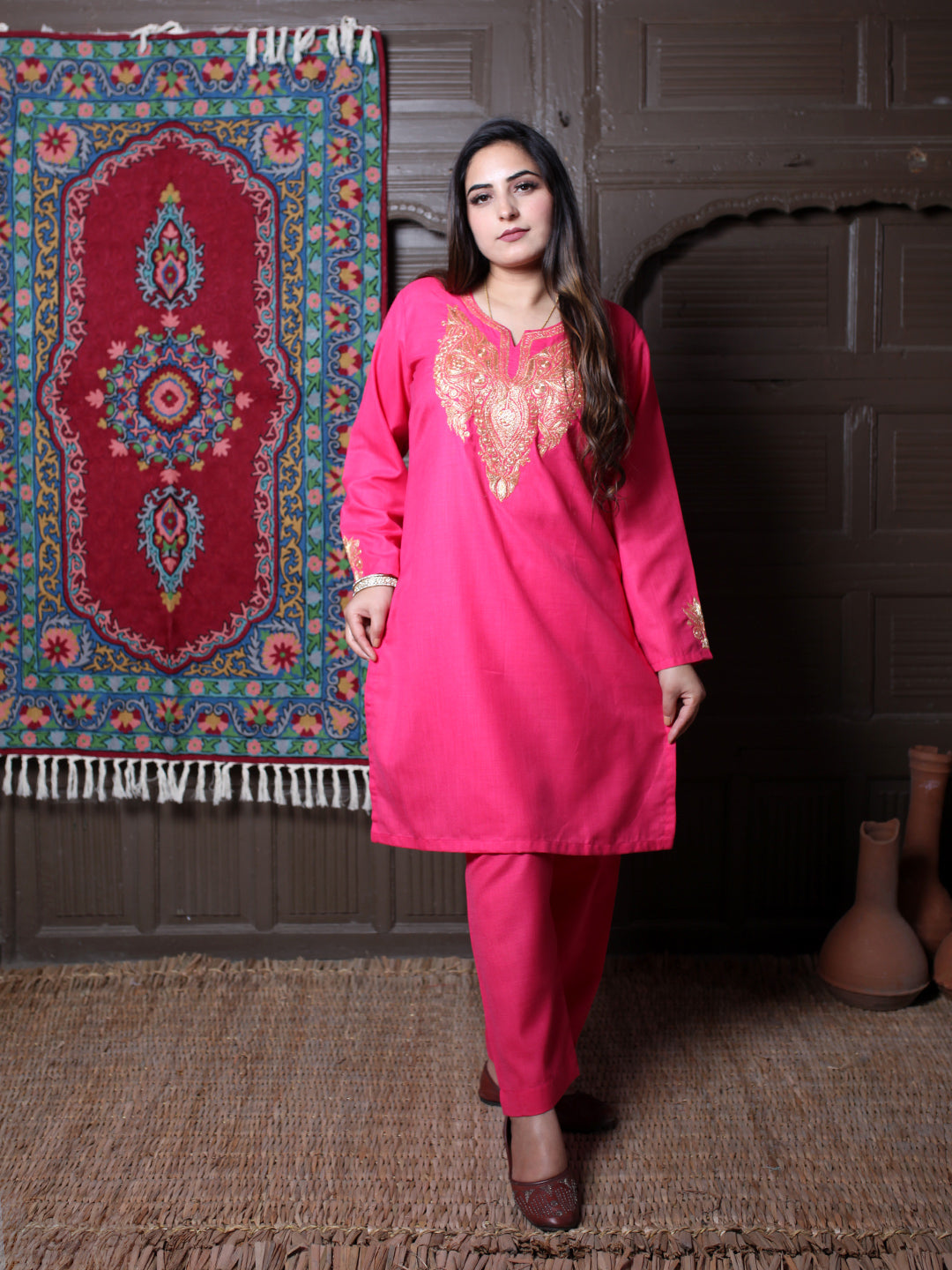 Hot Pink Tilla Embroidered Kashmiri Cotton Co-Ord Set