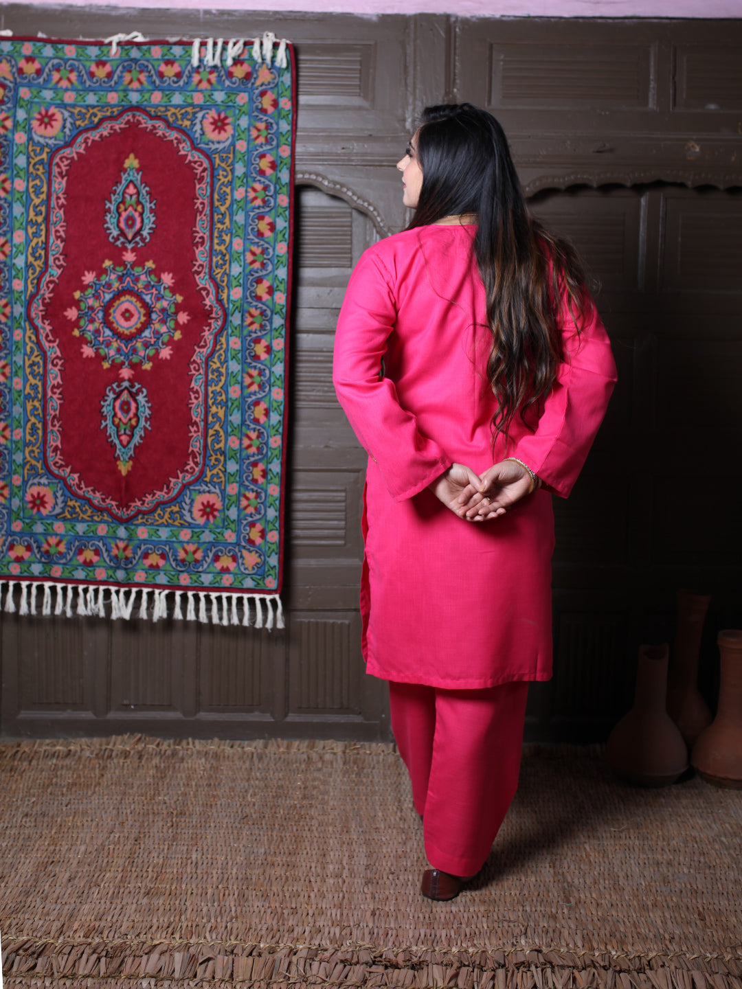 Hot Pink Tilla Embroidered Kashmiri Cotton Co-Ord Set
