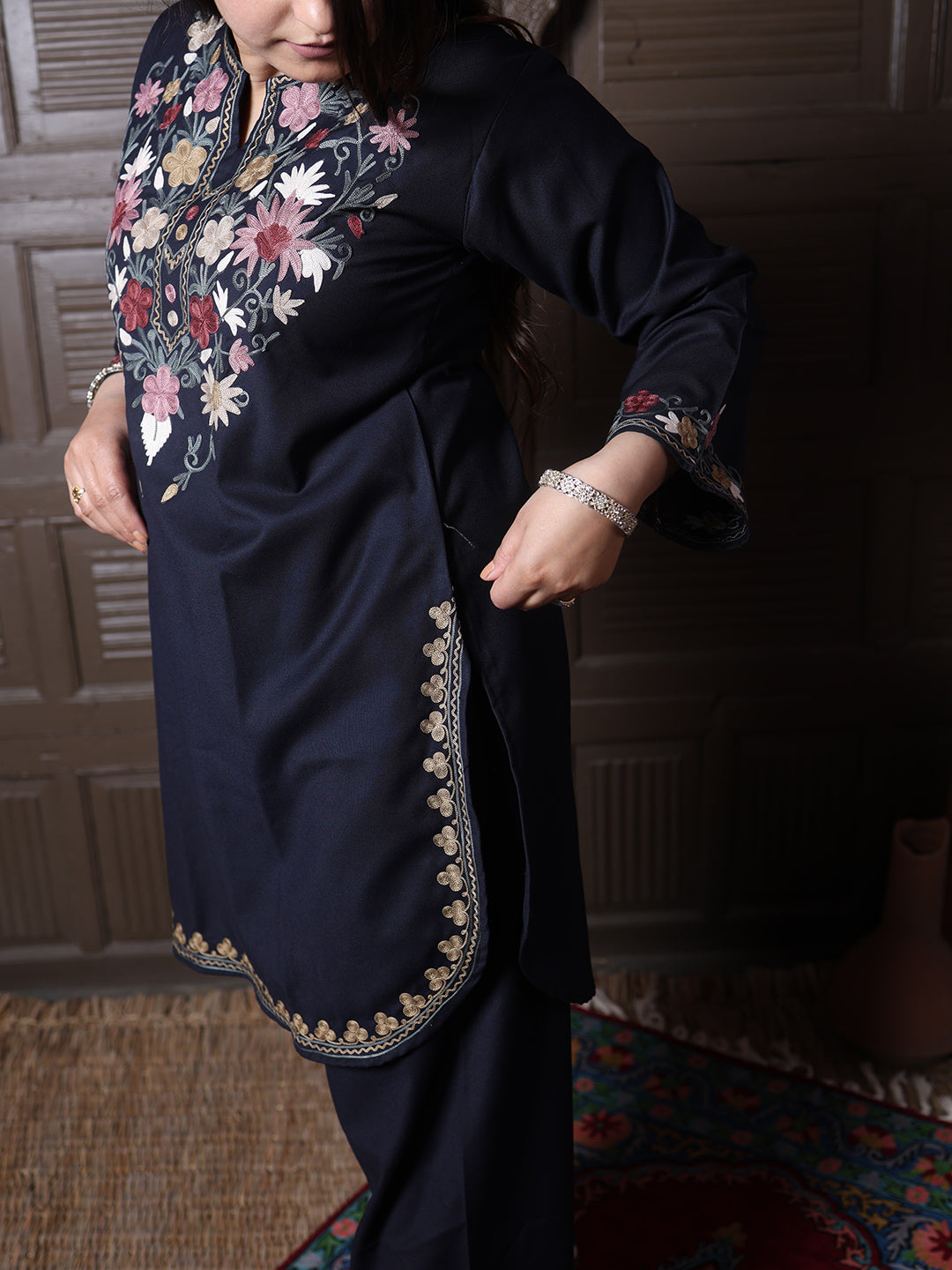 Black Poshnaal Aari Embroidered Kashmiri Cotton Co-Ord Set