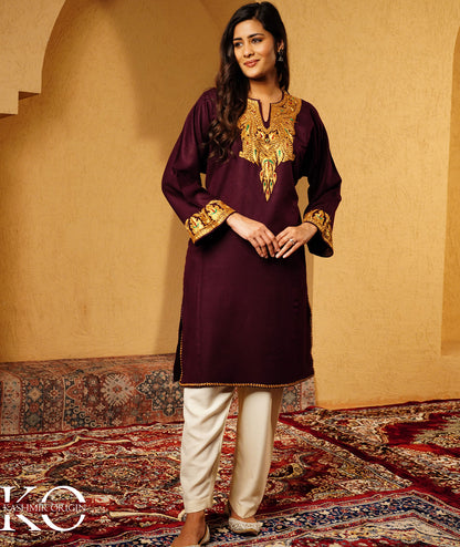 Sangria Red Tilla Embroidered Woolen Pheran