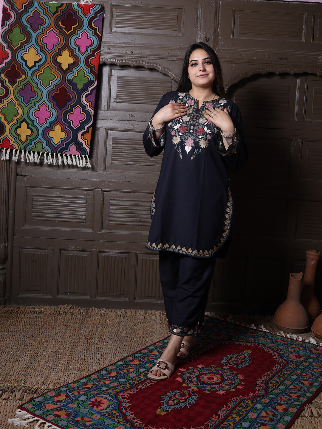 Black Poshnaal Aari Embroidered Kashmiri Cotton Co-Ord Set