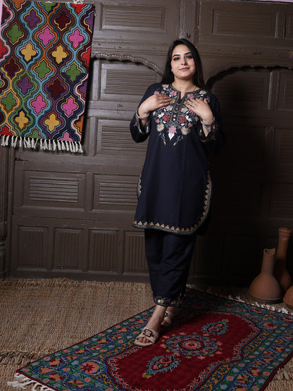 Black Poshnaal Aari Embroidered Kashmiri Cotton Co-Ord Set