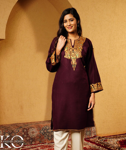 Sangria Red Tilla Embroidered Woolen Pheran