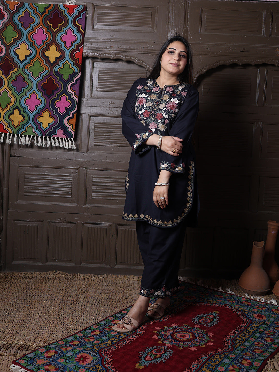 Black Poshnaal Aari Embroidered Kashmiri Cotton Co-Ord Set