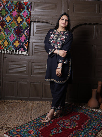 Black Poshnaal Aari Embroidered Kashmiri Cotton Co-Ord Set
