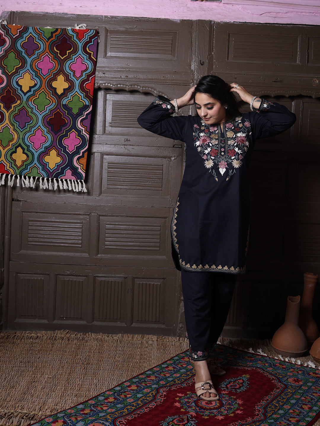 Black Poshnaal Aari Embroidered Kashmiri Cotton Co-Ord Set
