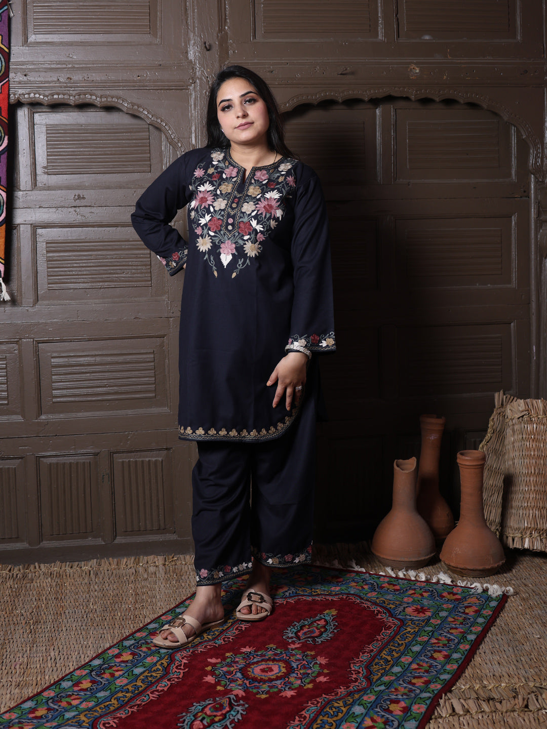 Black Poshnaal Aari Embroidered Kashmiri Cotton Co-Ord Set