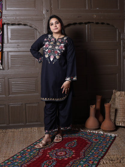 Black Poshnaal Aari Embroidered Kashmiri Cotton Co-Ord Set