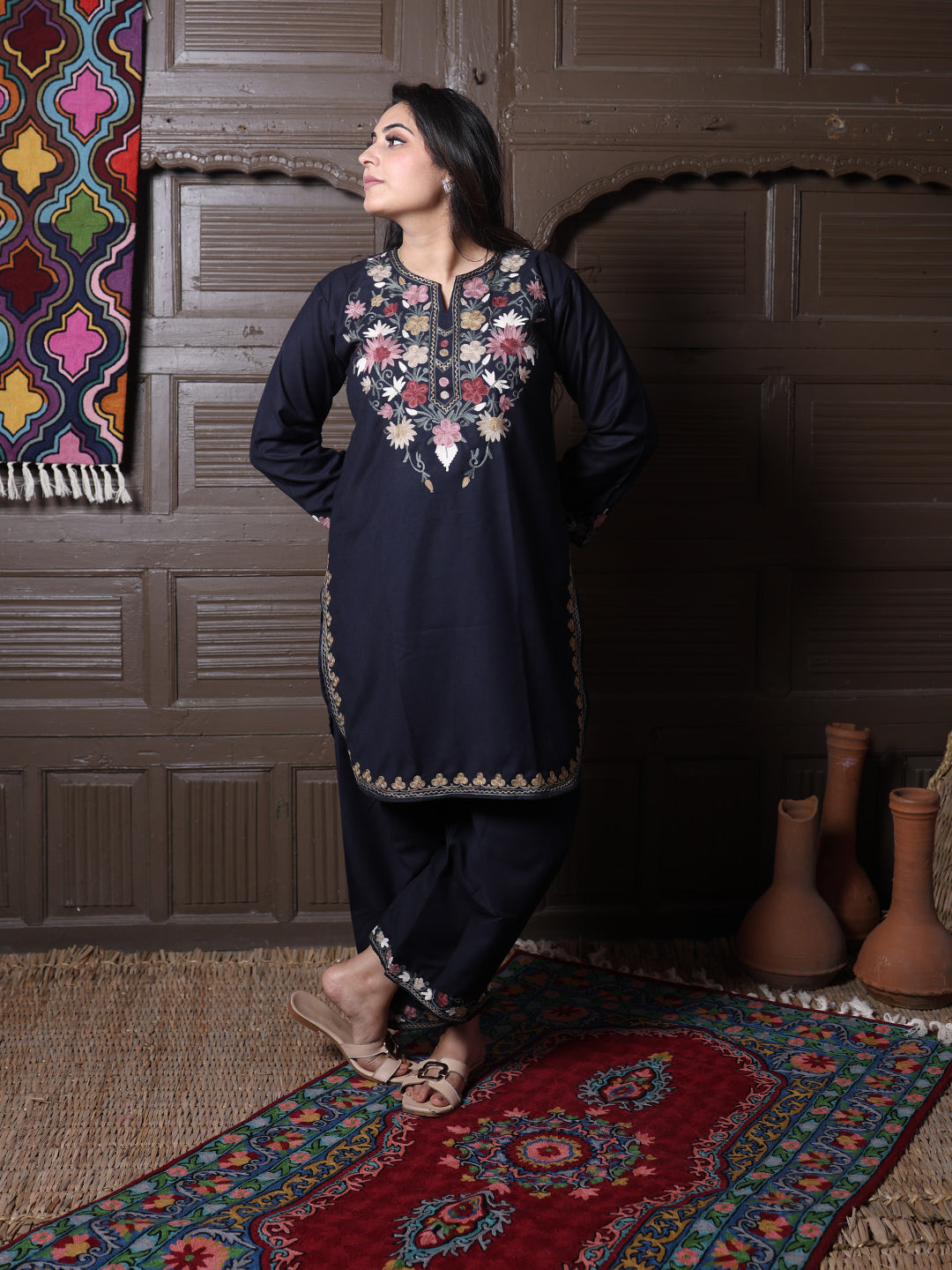Black Poshnaal Aari Embroidered Kashmiri Cotton Co-Ord Set