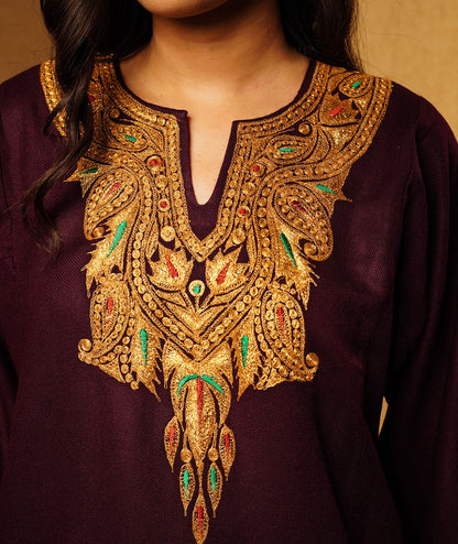 Sangria Red Tilla Embroidered Woolen Pheran