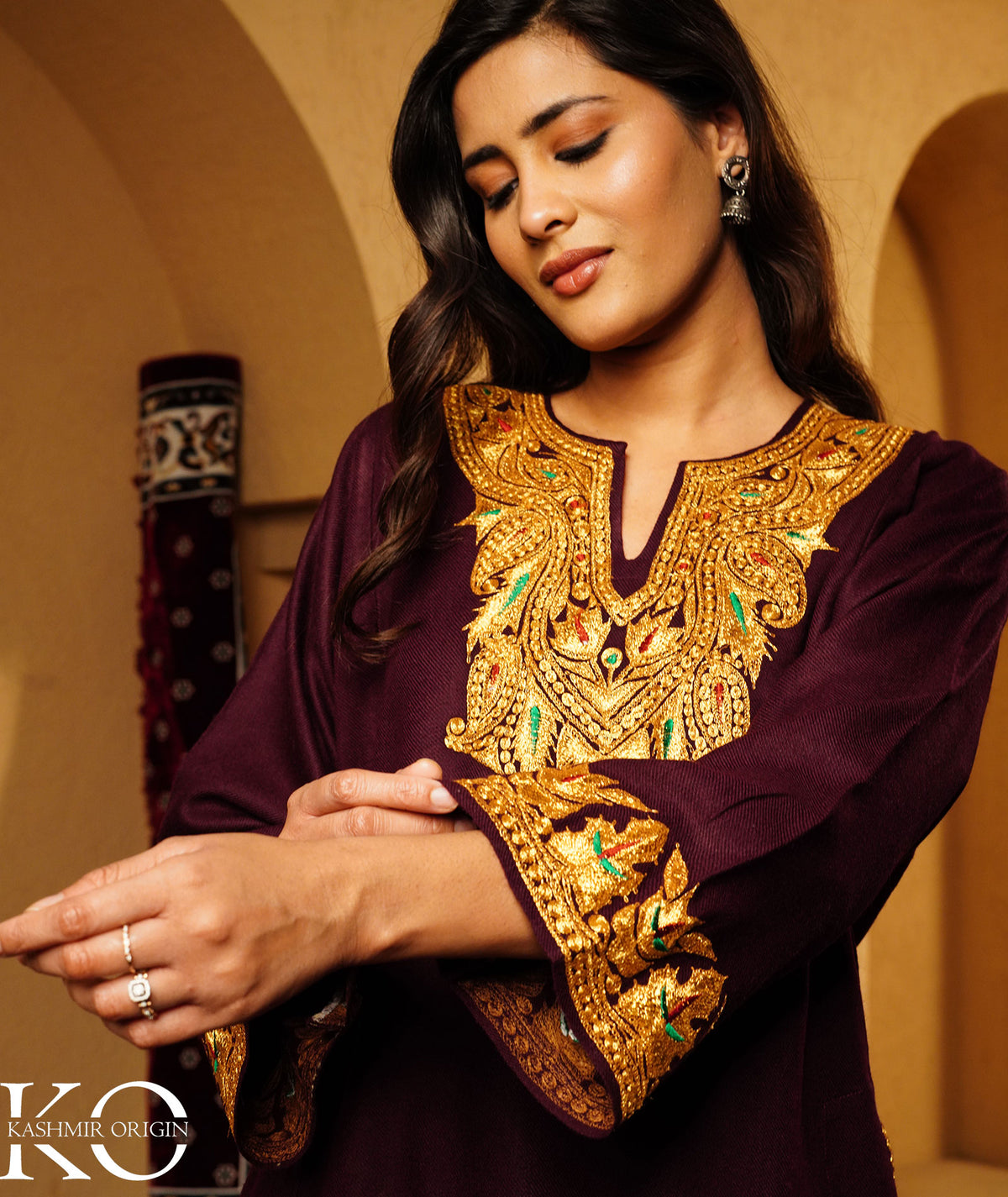 Sangria Red Tilla Embroidered Woolen Pheran | Tilla Embroidery | Pure Woolen Pherans For Women