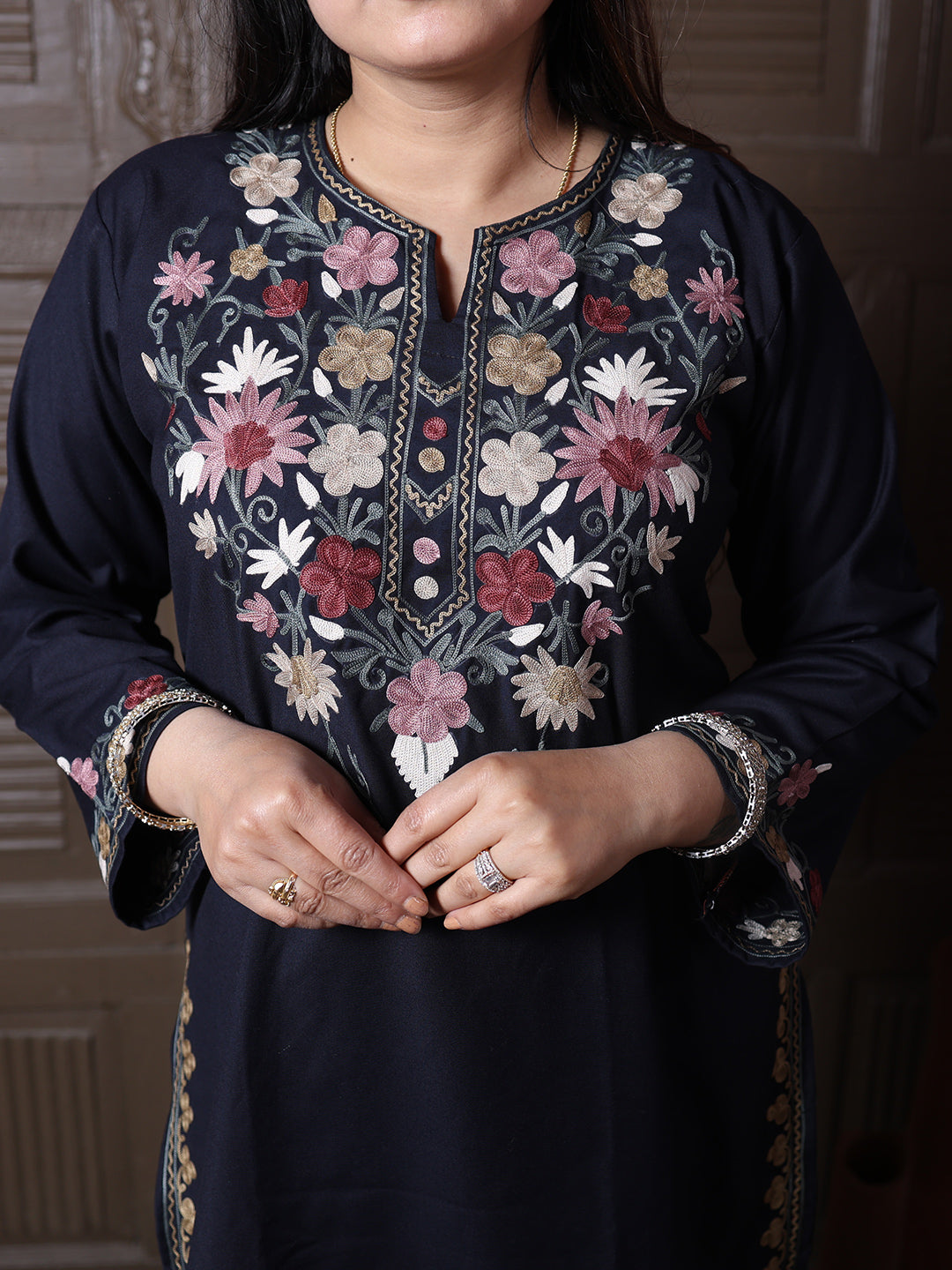 Black Poshnaal Aari Embroidered Kashmiri Cotton Co-Ord Set