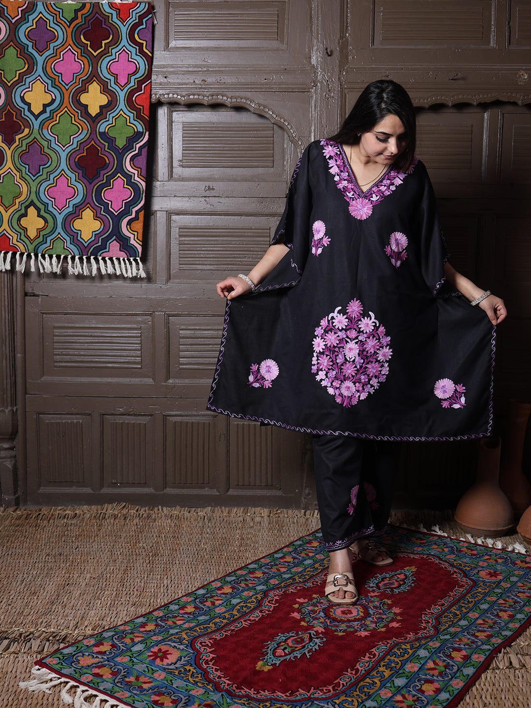 Black Aari Embroidered Cotton Kaftan Set