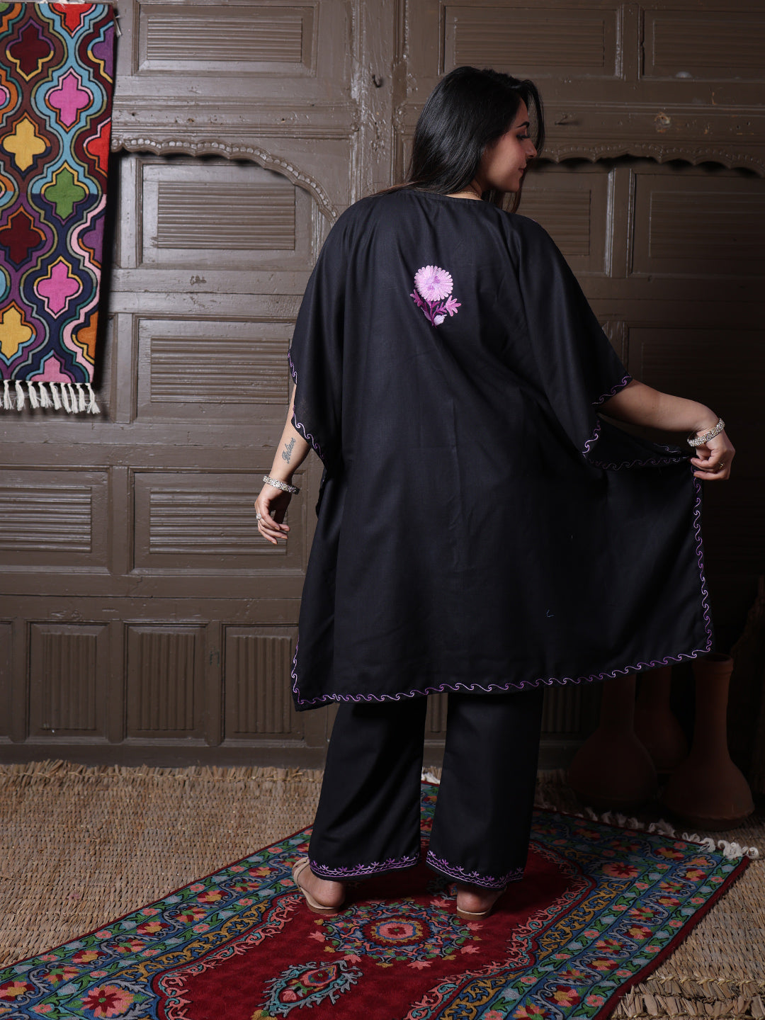 Black Aari Embroidered Cotton Kaftan Set