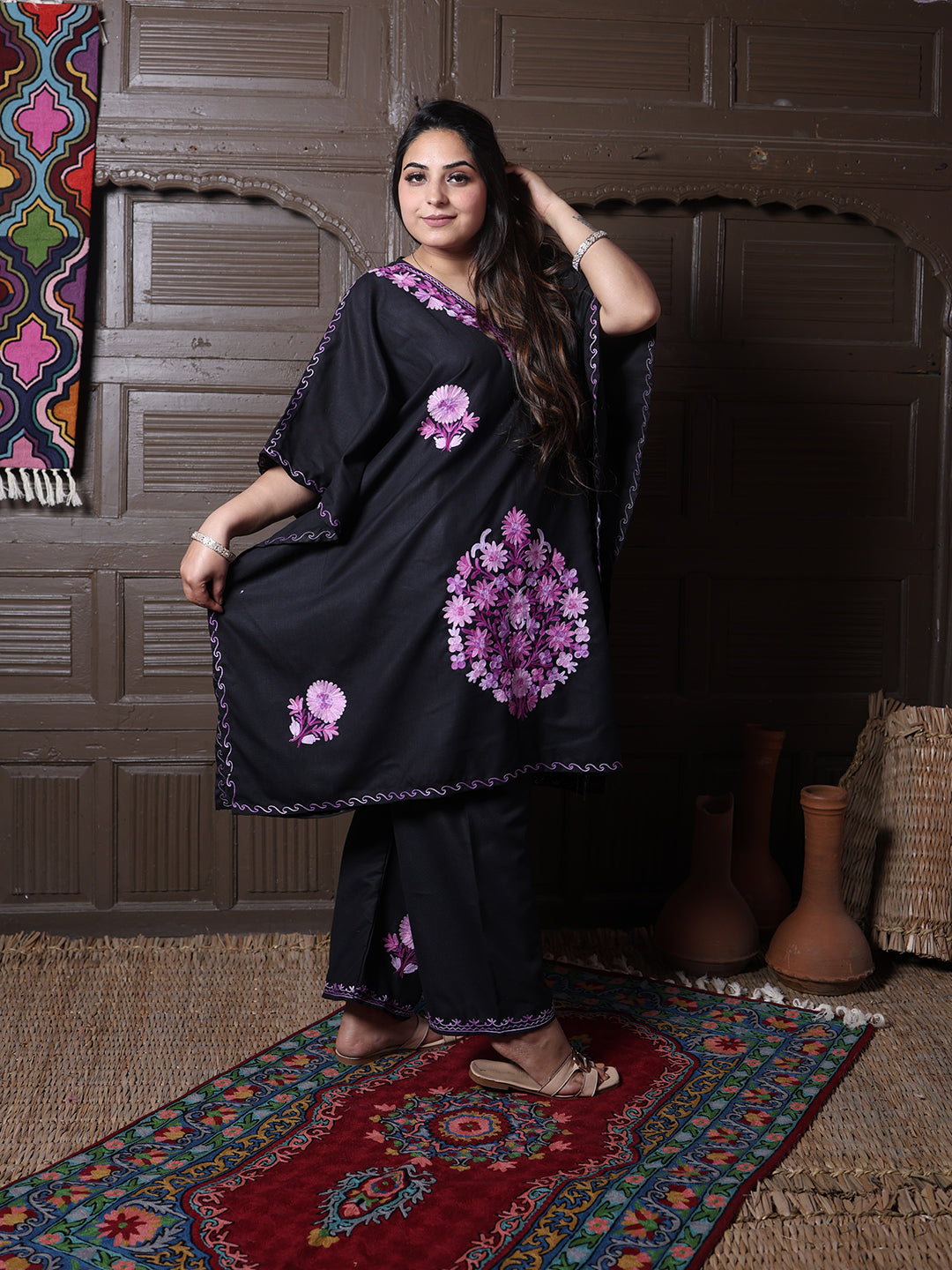 Black Aari Embroidered Cotton Kaftan Set