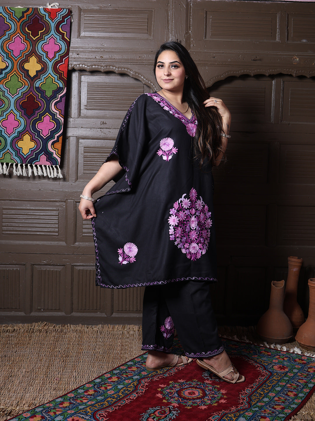 Black Aari Embroidered Cotton Kaftan Set
