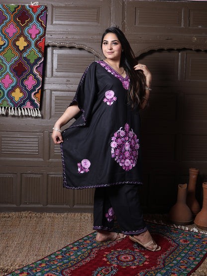 Black Aari Embroidered Cotton Kaftan Set