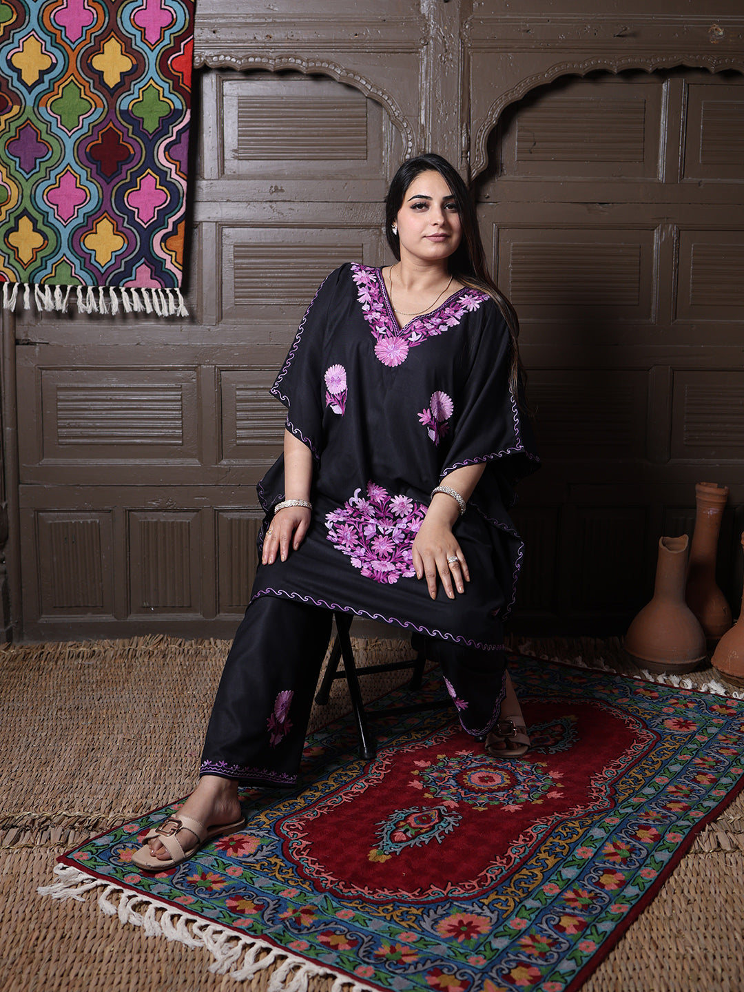 Black Aari Embroidered Cotton Kaftan Set