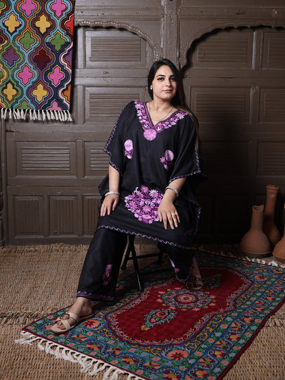 Black Aari Embroidered Cotton Kaftan Set