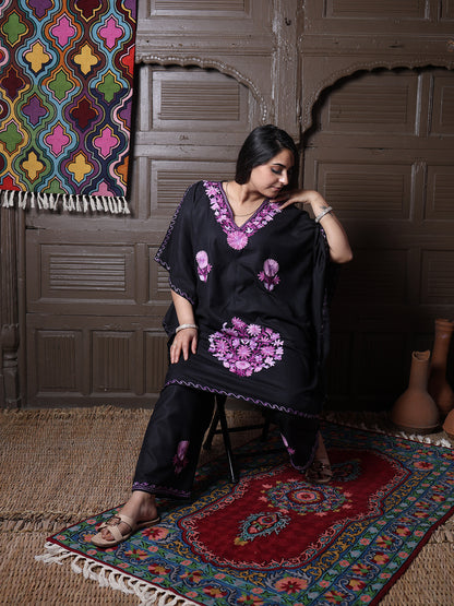 Black Aari Embroidered Cotton Kaftan Set