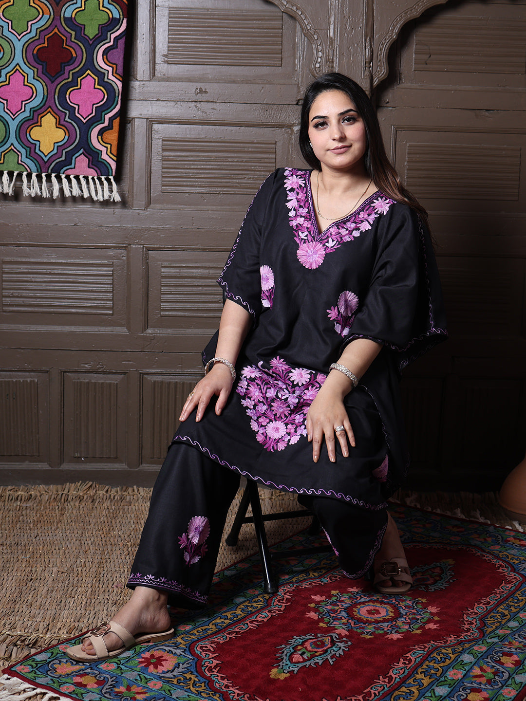 Black Aari Embroidered Cotton Kaftan Set