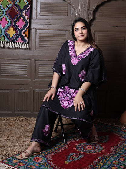Black Aari Embroidered Cotton Kaftan Set