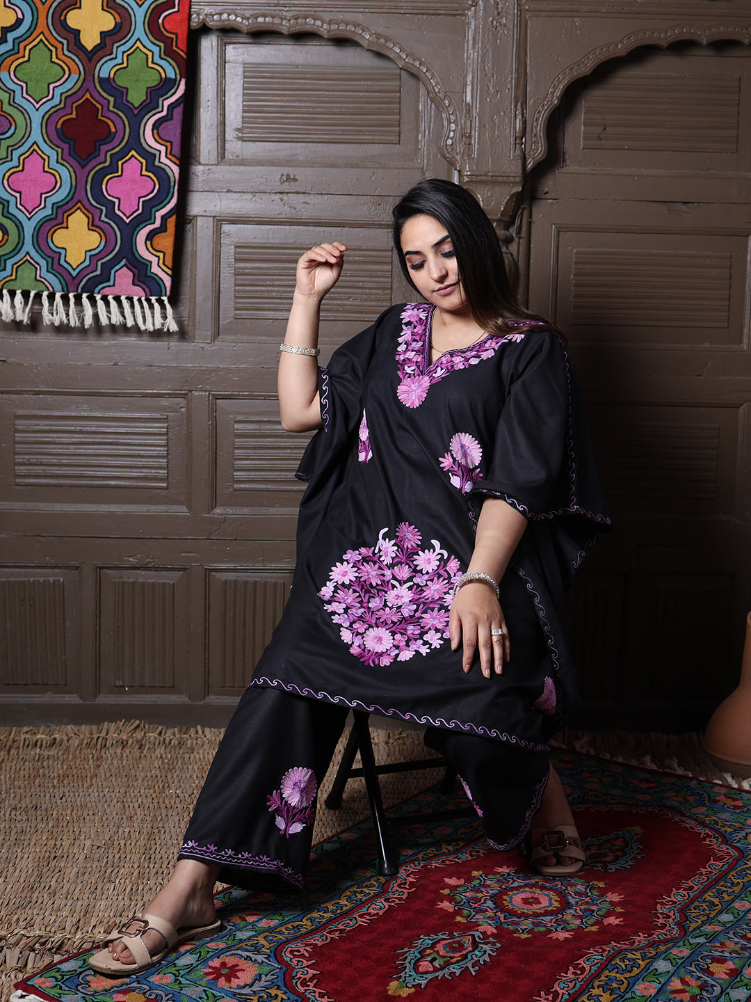 Black Aari Embroidered Cotton Kaftan Set
