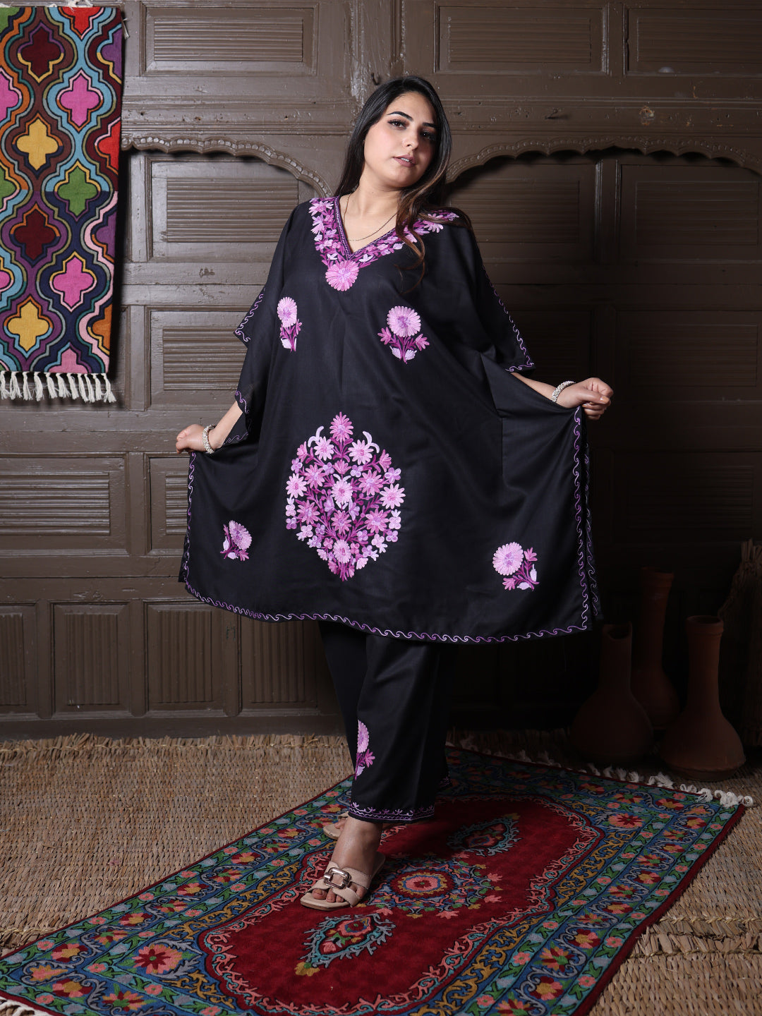 Black Aari Embroidered Cotton Kaftan Set