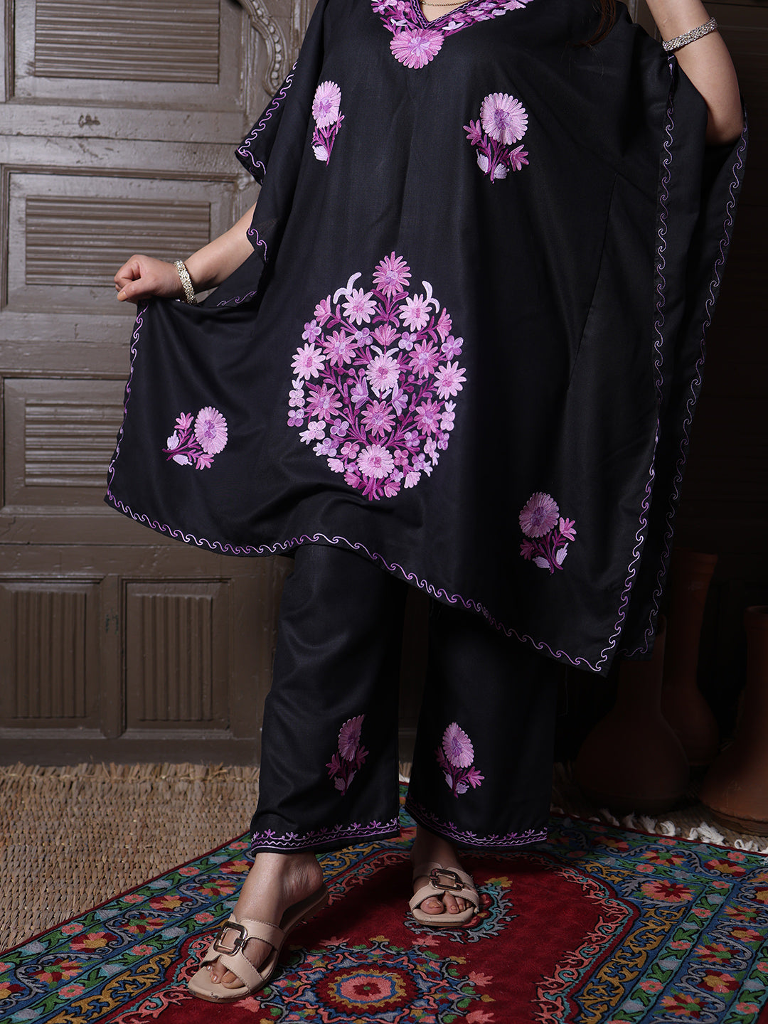 Black Aari Embroidered Cotton Kaftan Set