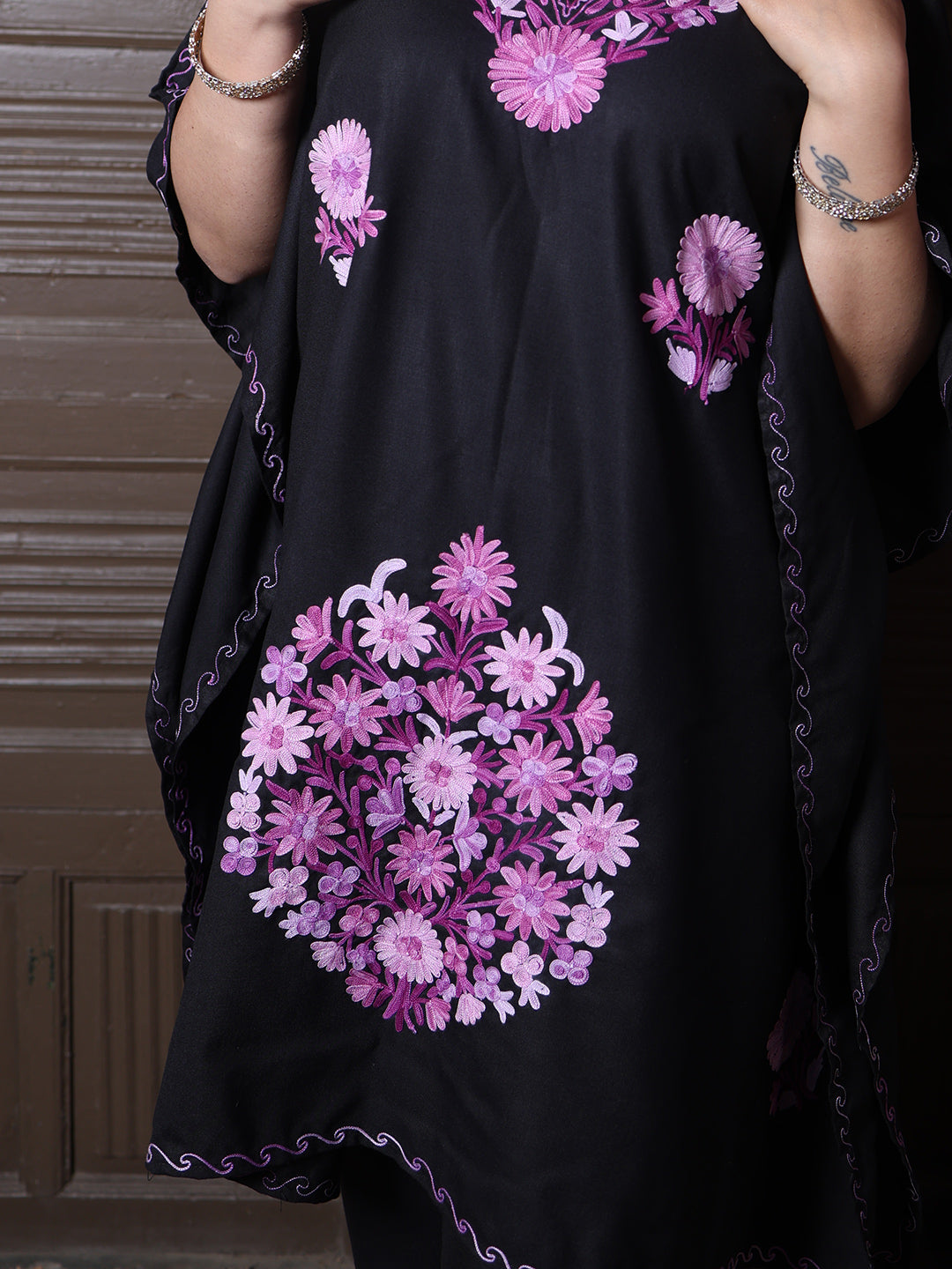 Black Aari Embroidered Cotton Kaftan Set