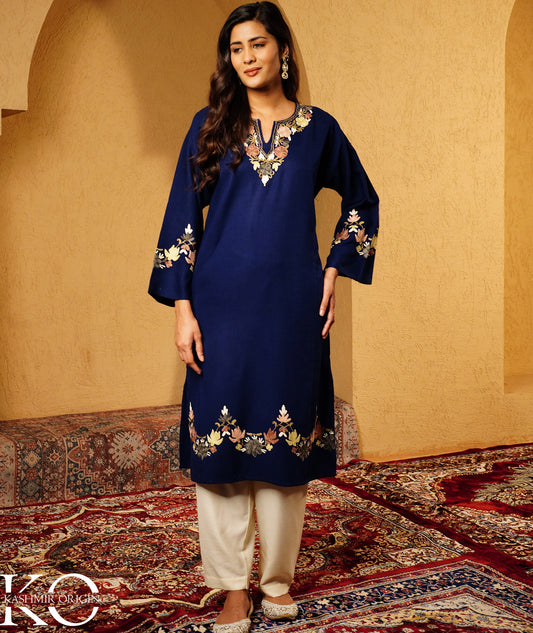 Blue Aari Embroidered U Shape Design KashmiriWoolen Pheran