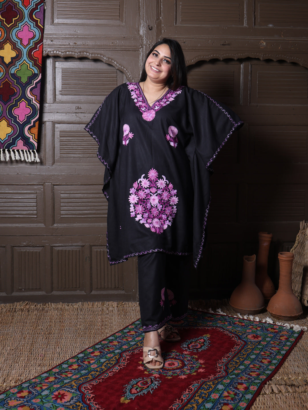 Black Aari Embroidered Cotton Kaftan Set
