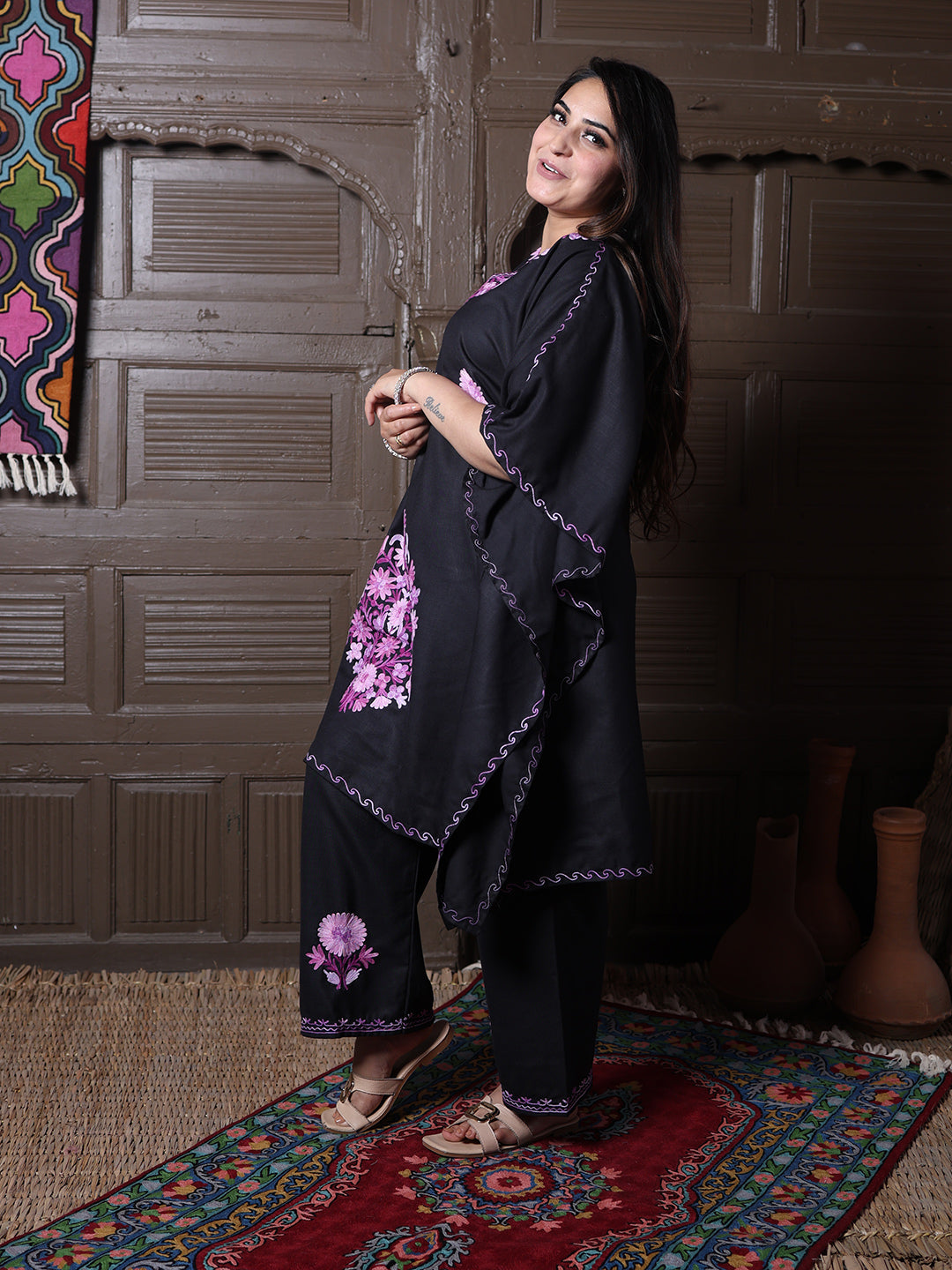 Black Aari Embroidered Cotton Kaftan Set