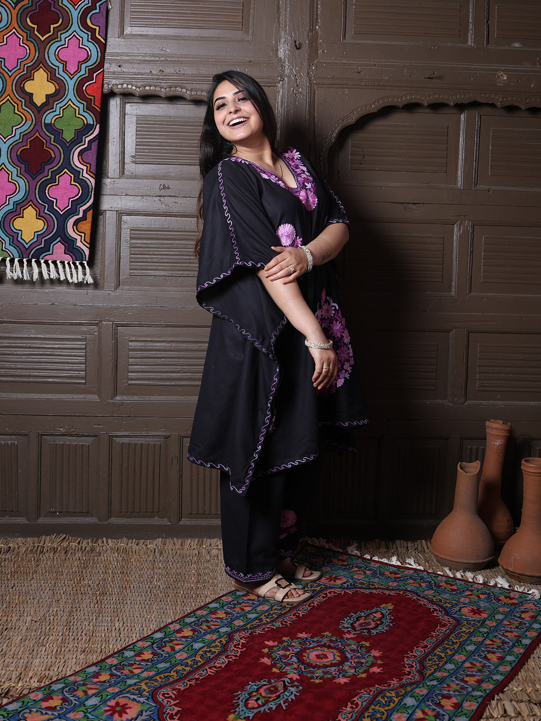 Black Aari Embroidered Cotton Kaftan Set