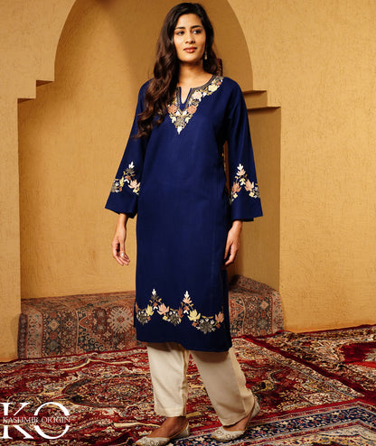 Blue Aari Embroidered U Shape Design KashmiriWoolen Pheran