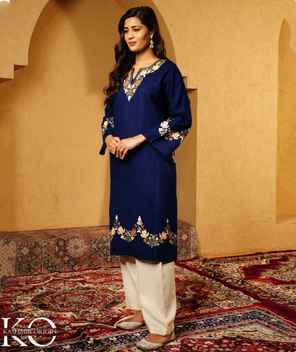 Blue Aari Embroidered U Shape Design KashmiriWoolen Pheran